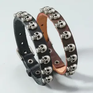 Genuine Leather Skull Bracelet001 | Punk Rock Studded Biker Wristband