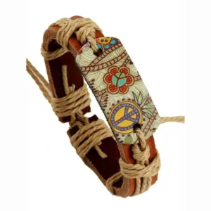 Genuine Leather Boho Bracelet with Peace Sign & Natural Hemp Wrap