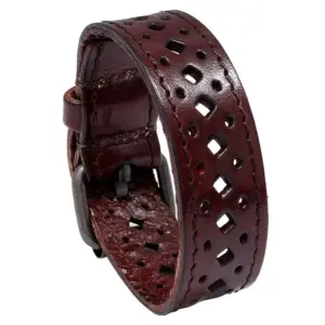 Wide Genuine Leather Cuff Bracelet – Vintage Perforated Design