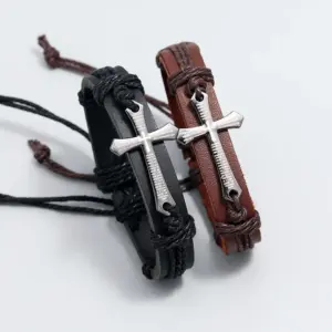 Engraved Prayer Cross Bracelet BR008 – Genuine Leather & Scriptural Metal