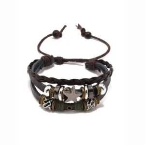 Vintage Star Multi-Strand Leather Bracelet BR009– Braided & Beaded Design
