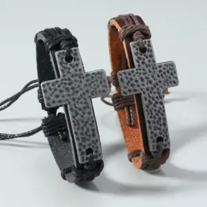 Rugged Genuine Leather Cross Bracelet – Textured Metal & Primitive Style