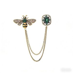 Sparkling Bee & Diamond Chain Brooch – Rhinestone Collar Pin with Dangle Chain