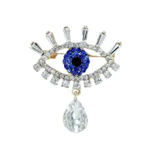 Dazzling Evil Eye Brooch with Crystal Teardrop – Rhinestone Protection Jewelr